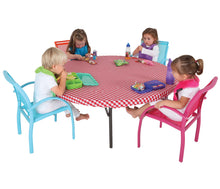 Load image into Gallery viewer, Art play is always fun and usually very messy. Make clean up time easier and quicker! This fitted or flat round vinyl tablecloth is great for messy arts & crafts play, baking, playdough or even at mealtimes. Each tablecloth is perfect for protecting your tabletop at home or in Early Childhood Centres. Simply wipe down easily with a cloth.