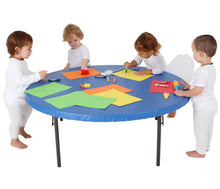 Load image into Gallery viewer, Art play is always fun and usually very messy. Make clean up time easier and quicker! This fitted round vinyl tablecloth is great for messy arts & crafts play, baking, playdough or even at mealtimes.  Each elasticated, fitted tablecloth is perfect for protecting your tabletop at home or in Early Childhood Centres. Simply wipe down easily with a cloth.